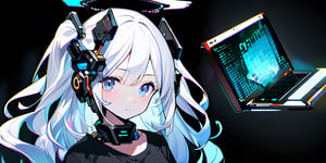 1girl, angel, two side up, two blue ribbons on her hair, (Double golden halo on her head), choker, (angel wings), (upper body:1.2), (simple black background:1.2), (computer matrix), (digital dissolve:1.4), (cyborg), pale skin, (long curly hair), ((white hair)), (hair gradient:1.5), (blue eyes:1.2), (looking at viewer), light smile, (black T-shirt, short sleeves:1.4), (masterpiece, best quality)