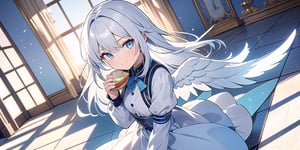 vibrant colors, female, masterpiece, sharp focus, best quality, depth of field, cinematic lighting, ((solo, one woman )), (illustration, 8k CG, extremely detailed), masterpiece, ultra-detailed,
1angel, (white hair), long curly hair, blue eyes, (two blue ribbons on her hair), (Double golden halo on her head), angel wings, dress, cute outfit, Sitting on a seat, eating lunch, best smile, cute face, perfect light,1girl white hair blue eyes x hair ornament