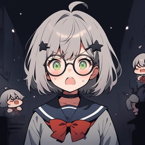 1girl, (gray hair), green eyes, short hair, (Bob Hair), ahoge, (black round frame glasses:1.2), (black star hairpin), (Sailor Suit), (student uniform), dark blue collar, (red bow tie), Dark blue pleated skirt, blush, (In a dark room), (eyes highlight), standing, ((upper body)), very beautiful girl, shock, surprise, eyes wide open, Open mouth wide, sweat, slightly angry, himecut hairstyle, solo, (chibi), (Focus on face),((Chibi character))