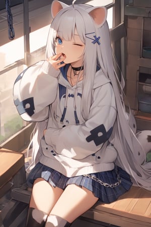 1girl, stoat girl, solo,  ((white hair)), very long hair, blue eyes, (straight hair), (bangs), animal ears, (stoat ears:1.2),
 Choker, ahoge, yaeba, (big white stoat Tail:1.2), (blue X hairpin), solo, looking at viewer, open mouth, bangs, blue eyes, skirt, thighhighs, long sleeves, hair between eyes, sitting, pleated skirt, one eye closed, choker, puffy sleeves, black thighhighs, hood, sleeves past wrists, plaid, hoodie, chain, black choker, plaid skirt, piercing, hood down, puffy long sleeves, ;o, white hoodie, yawning