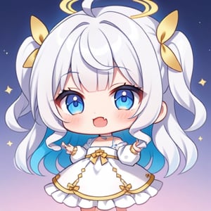 cute, kawaii, chibi, 1girl, angel, ((white hair)), long curly hair, (two side up), blue eyes,  (curly hair:1.2), (wavy hair), (hair curls), (bangs), (two side up), two blue hair ties on head, (Double golden halo on her head), choker, angel wings, ahoge, fang, White dress with blue lace trim, anime style, cute pose,chibi,CHIBI