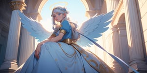 vibrant colors, female, masterpiece, sharp focus, best quality, depth of field, cinematic lighting, ((solo, one woman )), (illustration, 8k CG, extremely detailed), masterpiece, ultra-detailed,
1angel, (white hair), long curly hair, blue eyes, (two blue ribbons on her hair), (Double golden halo on her head), angel wings, Sitting on a seat, look to the sky,perfect light,masterpiece,portrait,long skirt, 