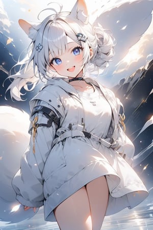 1girl, stoat girl, solo,  ((white hair)), very long hair, blue eyes, (straight hair), (bangs), animal ears, (stoat ears:1.2),
 Choker, ahoge, yaeba, (big white stoat Tail:1.2), (blue X hairpin), very beautiful girl, smiling open mouth, happy, ponytail hairstyle, long hair, himecut hairstyle, casual outfit, Tokyo, watercolor splashes, masterpiece quality, stunning image, masterpiece, 8K, stunning image, light particles, attractive image, reflections, watercolor \(medium\),Beautiful eyes