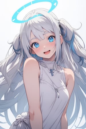 (photorealistic:1.4), (anime colored:1.5),(masterpiece, sidelights, exquisite gentle eyes), (character focus,face focus,close to viewer,portrait,masterpiece,)、anime colored,,cute face、 3D face,(cyan hair to blue hair gradient hair),,(1 girl), angel, white hair, long curly hair, (two side up), blue eyes, Two (blue) hair ties on head , (Double golden halo on her head), choker, angel wings, ahoge, (open stance,put your hands on your hip:1.3),(blue eyes:1.5),(upper body:1.5),(sleeveless white hair fur sundress :1.5),(kind face),(blush)、(cute face)、(head tilt:1.5), (cute face),(open mouth,Laughter:1.2),Gentle face,(medium breasts),(gradient background)、(glowing eyes)、
neat and clean、adorable、Slim Body,(tareme:1.5),,shiny hair, shiny skin、,niji,sketch,manga,


