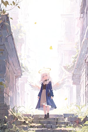 1girl, angel, white hair, long curly hair, two side up,blue eyes, two blue ribbons on her hair, (Double golden halo on her head), choker, angel wings,  ascending a staircase,a solitary red rose resting gracefully on the highest staircase step, its velvety petals unfurling to reveal a rich shade of scarlet, set against a backdrop of ancient, moss-covered steps, a sense of timelessness enveloping the scene, with a gentle breeze rustling nearby ivy leaves, evoking a sense of peaceful contemplation soft focus creating a dreamlike quality, in the style of romantic landscape paintings by J.M.W. Turner. 