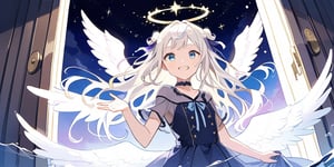 a cute girl reaching starry sky,aurora,The moonlight shines on the face,Mirror-like water,Mare's nest,Look up at the stars,masterpiece, best quality, aesthetic، in Daybreak Purple sky The appearance of a sun streak, 1girl, angel, white hair, long curly hair, two side up,blue eyes, two blue ribbons on her hair, (Double golden halo on her head), choker, angel wings, wearing a blue dress, detail blue eyes, smiling, a door, 