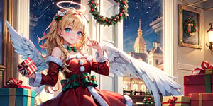  (Best Picture Quality, High Quality, Best Picture Score: 1.3), , Perfect Beauty Score: 1.5, 1girl, solo, angel, (white long curly hair), blue eyes, two blue ribbons on her hair, (Double golden halo on her head), (angel wings), (cute outfit), beautiful, cute, stylish cafe, best smile, Christmas,(( Decorate Santa Claus' house)), fine decorations, lots of presents,masterpiece,best quality,1 girl