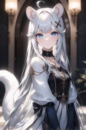 1girl, stoat girl, solo,  ((white hair)), very long hair, blue eyes, (straight hair), (bangs), animal ears, (stoat ears:1.2),
 Choker, ahoge, yaeba, (big white stoat Tail:1.2), (blue X hairpin), Beautiful girl. She is very badass, she wears a very luxurious outfit, pretty detailed, shining skin, detailed skin, dynamic light, wallpaper quality, detailed eyes, shining, blue eyes, blurry background, detailed image, detailed skin, upper body, looking at viewer, stunning image, 8k, proffesional style, luxurious room in background. Water drop, ((masterpiece: 1.2)), light particles, ink droplets in background.,Masterpiece,Stunning image,Professional style