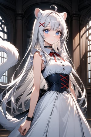 1girl, stoat girl, solo,  ((white hair)), very long hair, blue eyes, (straight hair), (bangs), animal ears, (stoat ears:1.2),
 Choker, ahoge, yaeba, (big white stoat Tail:1.2), (blue X hairpin), solo, long hair, breasts, looking at viewer, bangs, hair ornament, no sleeves, dress, ribbon, medium breasts, closed mouth, frills, parted lips, hairclip, indoors, white dress, red ribbon, neck ribbon, floating hair, corset