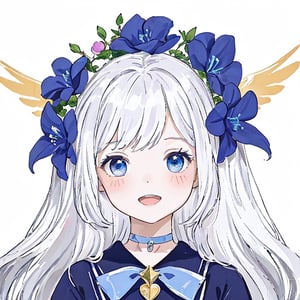 (masterpiece, top quality, best quality, official art, beautiful and aesthetic:1.2),(8k, best quality, masterpiece:1.2), 1girl, angel, white hair, long curly hair, two side up, blue eyes, two blue ribbons on her hair, (Double golden halo on her head), choker, angel wings, blue choker, dress, cute smile, open mouth, masterpiece, best quality, aesthetic, realistic, ,game icon institute,line anime,best quality