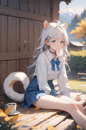 1girl, stoat girl, solo,  ((white hair)), very long hair, blue eyes, (straight hair), (bangs), animal ears, (stoat ears:1.2),
 Choker, ahoge, yaeba, (big white stoat Tail:1.2), (blue X hairpin), An animated animated girl with blue eyes is sitting on a wooden bench. She is wearing a short blue skirt with a white shirt and a blue bow tie. There is a small white cup of coffee on the bench in front of her. Behind her is a green lawn with small white flowers on it. A tree with yellow leaves is on the left side of the bench. Behind the tree is a wooden door with a black handle. Blurry background, detailed image, detailed skin, stunning image, 8k, proffesional style, luxurious room in background, ((masterpiece: 1.2)), light particles. Masterpiece, stunning image, professional style