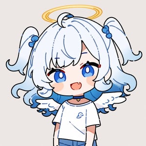 chibi, sd, masterpiece, made by a master, 4k, perfect anatomy, perfect details, best quality, high quality, lots of detail.
1girl, ((angel)), (white hair), long curly hair, (two side up), blue eyes,  (curly hair:1.2), (wavy hair), (hair curls), (bangs), (two side up), two ((blue)) hair ties on head, (Double golden halo on her head), choker, ((angel wings)), ahoge,white t-shirt, Short pants, single, looking at viewer, smiling, fang, happy, slightly angry, chibi, Emote Chibi. simple background, Line,cute comic,simple background, flat color,chibi,Cute girl,dal,Emote Chibi,chibi style,Chibi Style,lineart,