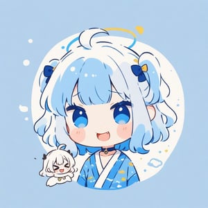 (chibi:1.3), masterpiece, made by a master, 4k, perfect anatomy, perfect details, best quality, high quality, lots of detail.
(solo), 1girl, angel, white hair, long curly hair, (two side up), blue eyes, (curly hair:1.2), (wavy hair), (hair curls), (bangs), (two side up), two blue hair ties on head, (Double golden halo on her head), bowtie choker, angel wings, ahoge, fang, (cute yukata, colorful yukata), smiling, single, (((>_<:1.4))), (upper body) ,Emote Chibi. cute comic,simple background, flat color, Cute girl,dal,Chibi Style,lineart,comic book,score_9,score_8_up,score_7_up,source_anime