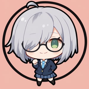 1girl, (gray hair), green eyes, ahoge, short hair, (striking bob cut and intense, hair covering one eye:1.2), (black round frame glasses:1.2), (school uniform), tight clothes, white shirt, blue tie, Blue plaid pleated skirt, Dark blue blazer, boots, half-closed eyes, blush, (paw pose), (simple school background), (eyes highlight), standing, ((upper body)), very beautiful girl, smiling, happy, himecut hairstyle, solo, (chibi), (Focus on face), 