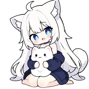 chibi, masterpiece, made by a master, 4k, perfect anatomy, perfect details, best quality, high quality, lots of detail.
(solo),1girl, ((white hair)), very long hair, blue eyes, (straight hair), (bangs), animal ears, (stoat ears:1.2), Choker, ahoge, fang, (big stoat Tail:1.2), (White sleeveless two piece dress, blue chest bow), (black hooded jacket:1.2), (Off the shoulders), (hugging a rabbit doll:1.2), single, looking at viewer, (full body) ,Emote Chibi. cute comic,simple background, flat color, Cute girl,Chibi Style,chibi emote style,cute,anime