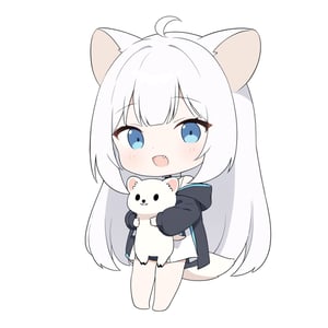 chibi, masterpiece, made by a master, 4k, perfect anatomy, perfect details, best quality, high quality, lots of detail.
(solo),1girl, ((white hair)), very long hair, blue eyes, (straight hair), (bangs), animal ears, (stoat ears:1.2), Choker, ahoge, fang, (big stoat Tail:1.2), (White sleeveless two piece dress, blue chest bow), (black hooded jacket:1.2), (Off the shoulders), (hugging a bunny doll:1.2), single, looking at viewer, (full body) ,Emote Chibi. cute comic,simple background, flat color, Cute girl,Chibi Style,chibi emote style,cute,anime