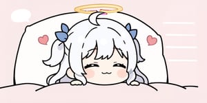 (chibi:1.3), masterpiece, made by a master, 4k, perfect anatomy, perfect details, best quality, high quality, lots of detail.
(solo),1girl, ((angel)), ((white hair)), (long hair:1.3), (two side up), blue eyes,  (curly hair:1.2), (wavy hair), (hair curls), (bangs), (two side up), two ((blue)) hair ties on head, ((Double golden halo on her head)), choker, ((angel wings)), ahoge, (white long sleeve hooded top), Black long pants, white socks, single, happy, smile, :3, thumbs up, shared speech bubble, spoken heart, futon, pillow, closed eyes, bed, sleeping, lying, under covers, blanket,, (full body) ,Emote Chibi. cute comic, (sakura background), flat color, Cute girl,dal,Chibi Style,lineart,