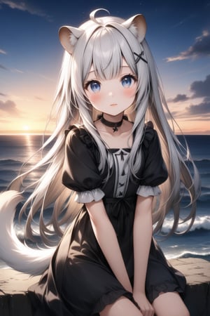 1girl, stoat girl, solo,  ((white hair)), very long hair, blue eyes, (straight hair), (bangs), animal ears, (stoat ears:1.2),
 Choker, ahoge, yaeba, (big white stoat Tail:1.2), (blue X hairpin),  solo, long hair, looking at viewer, blush, bangs, brown hair, hair ornament, dress, sitting, closed mouth, short sleeves, outdoors, sky, puffy sleeves, cloud, wide sleeves, water, black dress, puffy short sleeves, lips, black ribbon, ocean, star \(sky\), sunset, horizon,Detail