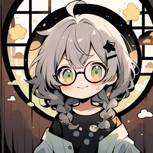 1girl, (gray hair), green eyes, medium hair, (double braid), ahoge, (black round frame glasses:1.2), (black star hairpin), (T-shirt), (hanten jacket), cotton pants, Off-shoulder, (happy), (in Japanese room), (eyes highlight), standing, ((upper body)), very beautiful girl, eyes wide open, closed mouth, sweat, slightly angry, himecut hairstyle, solo, (chibi), (Focus on face),((Chibi character))