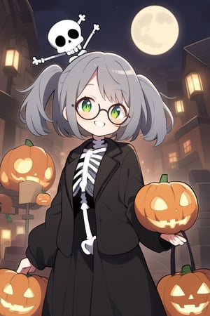 A cute girl ,(gray hair), green eyes, short hair, (cute pigtails:1.2), (black round frame glasses:1.2), wearing a skull mask on her head, (skeleton suit:1.3), celebrating Halloween on the street at night, pumpkin lantern, cute face, smiling, moon, anime style