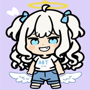 chibi, sd, masterpiece, made by a master, 4k, perfect anatomy, perfect details, best quality, high quality, lots of detail.
1girl, ((angel)), (white hair), long curly hair, (two side up), blue eyes,  (curly hair:1.2), (wavy hair), (hair curls), (bangs), (two side up), two ((blue)) hair ties on head, (Double golden halo on her head), choker, ((angel wings)), ahoge,white t-shirt, Short pants, single, looking at viewer, smiling, fang, happy, slightly angry, chibi, Emote Chibi. simple background, Line,cute comic,simple background, flat color,chibi,Cute girl,dal,Emote Chibi,chibi style,Chibi Style,Graffiti Comic,lineart