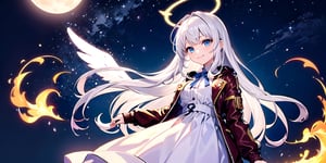  (Best Picture Quality, High Quality, Best Picture Score: 1.3), , Perfect Beauty Score: 1.5, long hair, 1 angel girl, (solo), ((white hair)), (long curly hair), blue eyes, ((two blue ribbons on her hair)), (Double golden halo on her head), (angel wings), (cute outfit), ((wearing aBlack Flames Jacket)), cute smile, background is the night sky with the bright moon hanging high, beautiful, cute, masterpiece, best quality,masterpiece,best quality