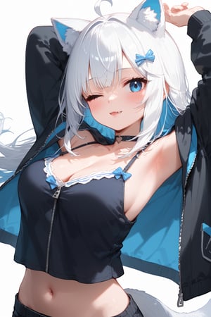 1girl, stoat girl, solo,  ((white hair)), very long hair, blue eyes, (straight hair), (bangs), animal ears, (stoat ears:1.2),
 Choker, ahoge, fangs, (big stoat Tail:1.2), (blue X hairpin), (White collared sleeveless top, (midriff), blue chest bow), 
(black hooded oversized jacket:1.2), (jacket zipper half unzipped), (black short pants) (Off the shoulders), solo, breasts, looking at viewer, blush, bangs, simple background, hair ornament, white background, navel, cleavage, medium breasts, collarbone, jacket, upper body, multicolored hair, one eye closed, midriff, virtual youtuber, hood,armpits, arms up, camisole, cropped torso, colored inner hair, stretching, black camisole, vivid color, masterpiece, best quality, amazing quality, very aesthetic, absurdres, depth of field, score_9, score_8, score_7, score_6,sexy girl,1girl,GEN