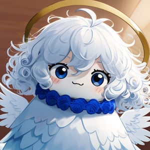 cute, kawaii, chibi, 1girl, angel, ((white hair)), long curly hair, (two side up), blue eyes,  (curly hair:1.2), (wavy hair), (hair curls), (bangs), (two side up), two blue hair ties on head, (Double golden halo on her head), choker, angel wings, ahoge, fang, White dress with blue lace trim, anime style,chibi,maotuanzi