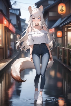 1girl, stoat girl, solo,  ((white hair)), very long hair, blue eyes, (straight hair), (bangs), animal ears, (stoat ears:1.2),
 Choker, ahoge, yaeba, (big white stoat Tail:1.2), (blue X hairpin), very beautiful girl, casual outfit (blouse, jeans, sneakers), Kyoto, watercolor splashes, masterpiece quality, stunning image, masterpiece, 8K, stunning image, light particles, attractive image, reflections, watercolor \(medium\)