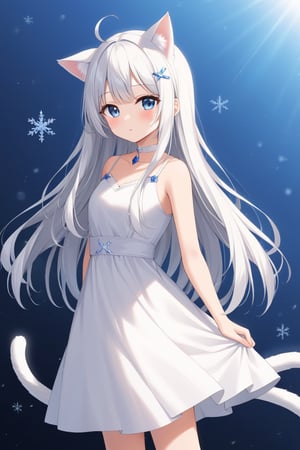 1girl, stoat girl, solo,  ((white hair)), very long hair, blue eyes, (straight hair), (bangs), animal ears, (stoat ears:1.2),
 Choker, ahoge, yaeba, (big white stoat Tail:1.2), (blue X hairpin), solo, ((standing: 2.5)), long hair, looking at viewer, blush, bangs, himecut, parted lips, blurry, lips, ((white dress: 2)), eyelashes, portrait, light particles, ((masterpiece: 2)), excellent quality, light particles, snowflakes, ((stunning_image: 1.5)), ((snowflakes in air: 1)), medium long shot.