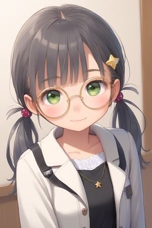 1girl, (gray hair), green eyes, long hair, ( pigtails:1.2), (black round frame glasses:1.2), (black star hairpin), (casual wear), collarbone, (Knight Coat), cotton pants, (happy), (in room), indoor, (eyes highlight), standing, ((upper body)), very beautiful girl, Sleepy eyes, closed mouth, :), himecut hairstyle,, masterpiece quality, stunning image, masterpiece, 8K, stunning image, light particles, attractive image, reflections, Dutch Angle Shot,Beautiful eyes,