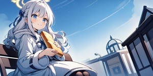 Anime-style illustration depicting a Japanese winter sky scene. A clear winter sky. A young girl,1angel, (white hair), long curly hair, blue eyes, (two blue ribbons on her hair), (Double golden halo on her head), angel wings, dress, cute outfit, Sitting on a seat, eating  bread, best smile, cute face, wearing a choker and a hooded winter coat. The perspective is from below, focusing on the girl, the street lamp against the clear winter sky.