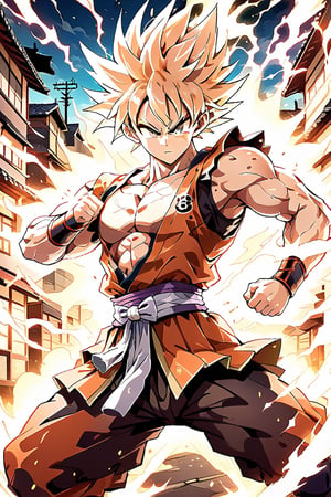 Super details, Eyes details, supersaiyan Goku, Japanese samurai costume, strong, muscle, with aura, Surrounded by electricity, fighting pose, Punch, in  street, anime style,facing the camera,son goku,gkudbz,dragon ball