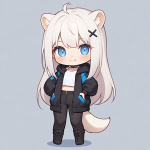 1girl, stoat girl, solo,  ((white hair)), very long hair, blue eyes, (straight hair), (bangs), animal ears, (stoat ears:1.2),
 Choker, ahoge, yaeba, (big white stoat Tail:1.2), (blue X hairpin), solo, long hair, looking at viewer, sticker image, blush, smile, bangs, blue eyes, skirt, simple background, shirt, white background, bow, animal ears, very long hair, closed mouth, standing, tail, full body, no shoes, hand up, chibi, animal ear fluff, hand on hip, (White collared sleeveless top, (midriff), blue chest bow), (black hooded oversized jacket:1.2), (jacket zipper half unzipped), (black short pants) (Off the shoulders),  index finger raised, extra ears, 