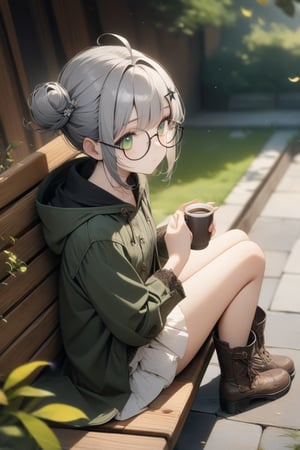 1girl, (gray hair), green eyes, short hair, ahoge, (black round frame glasses:1.2), (black star hairpin), dark green hooded cloak, Hood Down, dress, Short skirt, boots, ((Half Bun hair :1.2)), An animated girl with green eyes is sitting on a wooden bench. There is a small white cup of coffee on the bench in front of her. Behind her is a green lawn with small white flowers on it. A tree with yellow leaves is on the left side of the bench. Behind the tree is a wooden door with a black handle. Blurry background, detailed image, detailed skin, stunning image, 8k, proffesional style, luxurious room in background, ((masterpiece: 1.2)), light particles. Masterpiece, stunning image, professional style