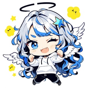 chibi, sd, masterpiece, made by a master, 4k, perfect anatomy, perfect details, best quality, high quality, lots of detail.
(solo),1girl, ((angel)), (white hair), long curly hair, (two side up), blue eyes,  (curly hair:1.2), (wavy hair), (hair curls), (bangs), (two side up), two ((blue)) hair ties on head, (Double golden halo on her head), choker, ((angel wings)), ahoge,one eye closed, Gray hooded long sleeve T-shirt,  Short pants, punching, single, looking at viewer, smiling, fang, happy, slightly angry, chibi, Emote Chibi. simple background, Line,cute comic,simple background, flat color,chibi,Cute girl,dal,Emote Chibi,chibi style,Chibi Style,lineart,LineAniAF,portraitart,niji6