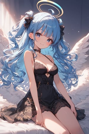 (score_9, score_8_up, score_7_up), 1girl, angel, white hair, long curly hair, (two side up), blue eyes,  (curly hair:1.2), (wavy hair), (hair curls)
, (bangs), (two side up), two blue hair ties on head, (Double golden halo on her head), bowtie choker, angel wings, ahoge, fang, dress, long hair, smile, solo, (medium breasts:2), white hair, black dress, looking at viewer, breasts, bare shoulders, sidelocks, collarbone, blush, sitting, purple eyes, blue eyes, beautiful eyes, (petite:2), blunt bangs, gradient hair,source_anime