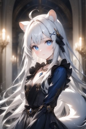 1girl, stoat girl, solo,  ((white hair)), very long hair, blue eyes, (straight hair), (bangs), animal ears, (stoat ears:1.2),
 Choker, ahoge, yaeba, (big white stoat Tail:1.2), (blue X hairpin), Beautiful girl. She is very badass, she wears a very luxurious outfit, pretty detailed, shining skin, detailed skin, dynamic light, wallpaper quality, detailed eyes, shining, blue eyes, blurry background, detailed image, detailed skin, upper body, looking at viewer, stunning image, 8k, proffesional style, luxurious room in background. Water drop, ((masterpiece: 1.2)), light particles, ink droplets in background.,Masterpiece,Stunning image,Professional style