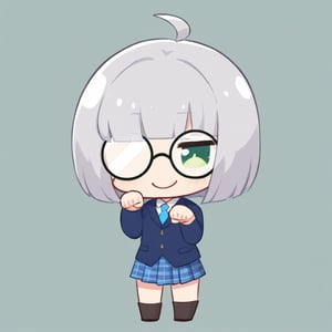 1girl, (gray hair), green eyes, ahoge, short hair, (striking bob cut and intense, hair covering one eye:1.2), (black round frame glasses:1.2), (school uniform), tight clothes, white shirt, blue tie, Blue plaid pleated skirt, Dark blue blazer, boots, half-closed eyes, blush, (paw pose), (simple school background), (eyes highlight), standing, ((upper body)), very beautiful girl, smiling, happy, himecut hairstyle, solo, (chibi), (Focus on face), 