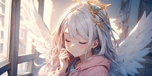 1girl, angel, white hair, long curly hair, blue eyes, two blue ribbons on her hair, (Double golden halo on her head), angel wings,, beautiful face, (eyes closed), happiness, closed mouth smile, pink lips, holding face with both hands, cute hoodie, cute room, cute interior,portrait