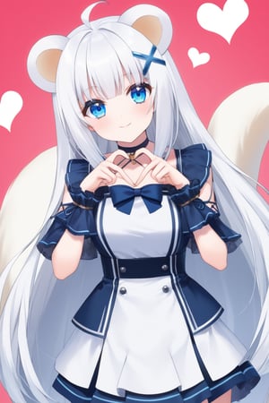 score_9, score_8_up, score_7_up, source_anime, 1girl, stoat girl, solo,  ((white hair)), very long hair, blue eyes, (straight hair), (bangs), animal ears, (stoat ears:1.2),
 Choker, ahoge, yaeba, (big white stoat Tail:1.2), (blue X hairpin), archi-ghelber-style
BREAK
 \(serie\), fishnet, heart hands,heart fingers