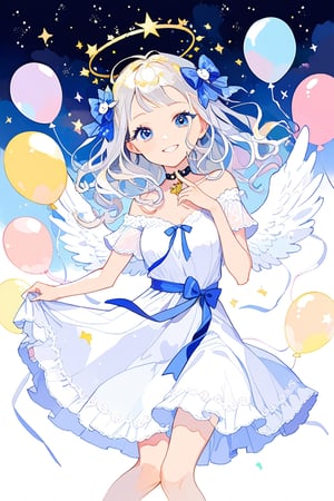 //quality
masterpiece, best quality, aesthetic, 
//Character
1girl, angel, white hair, long curly hair, (two side up), blue eyes, two blue bows on head, (Double golden halo on her head), choker, angel wings on back, ahoge, glossy lips, (beautiful and detailed eyes:1.1), big eyes, (medium breasts:1.1), (smirk:1.2), 
//Fashion
A girl with a light blue ribbon tied in her hair is wearing a fluffy and cute dress. The dress is white and blue with floral patterns, and the skirt is spread out to the knees. A ribbon of the same color as the light blue ribbon is decorated on the chest of the dress. The girl has a shy smile on her face and poses for the camera. Her eyes sparkle and her happy expression is impressive. The girl's illustration makes you feel a bright and gentle atmosphere.

Behind the girl, there is a colorful and fun background. Colorful balloons, flowers, stars, and hearts are floating in the sky. The colors of the background match the girl's dress and ribbon, enhancing the gorgeousness and cuteness. 
//Background 
(watercolor:0.6), dynamic pose, dynamic angle,