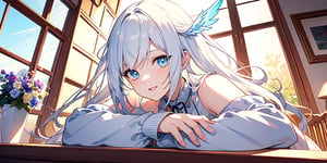 vibrant colors, female, masterpiece, sharp focus, best quality, depth of field, cinematic lighting, ((solo, one woman )), (illustration, 8k CG, extremely detailed), masterpiece, ultra-detailed,
1angel, (white hair), long curly hair, blue eyes, (two blue ribbons on her hair), (Double golden halo on her head), angel wings, sweater, cute outfit, Sitting in a bar, drinking, open mouth, best smile, cute face, perfect light,1girl white hair blue eyes x hair ornament,masterpiece,