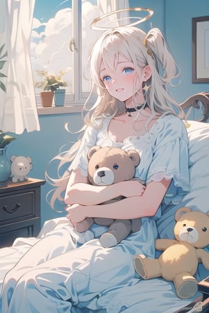 1girl, angel, white hair, long curly hair, two side up,blue eyes, two blue ribbons on her hair, (Double golden halo on her head), choker, angel wings, cuddling a teddy bear while peacefully asleep, her soft white curls falling gently on her pillow, a serene smile on her face, the teddy bear held tightly in her arms, a faint moonlight shining through the window, casting a gentle glow on their faces, a room adorned with delicate lace curtains, a vintage wooden rocking horse in the corner, and a stack of storybooks on the nightstand, captured in a dreamy and magical illustration style.