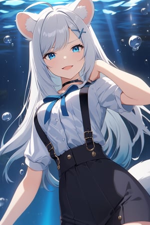 high detail, Smooth, sharp lines, score_9_up, score_8_up, detailed, masterpiece, super cute style, 1girl, stoat girl, solo,  ((white hair)), very long hair, blue eyes, (straight hair), (bangs), animal ears, (stoat ears:1.2),
 Choker, ahoge, yaeba, (big white stoat Tail:1.2), (blue X hairpin), solo, silver hair, white hair, (flirty, smug, eyebrow_raise), open mouth, close up, face, white shirt, button up shirt, blue bowtie, pretty lips, medium breasts, underwater, blue eyes, blue hair ribbon, short sleeves, bubbles, bedroom_eyes, swept_bangs, low-angle view,anime screencap,score_anime