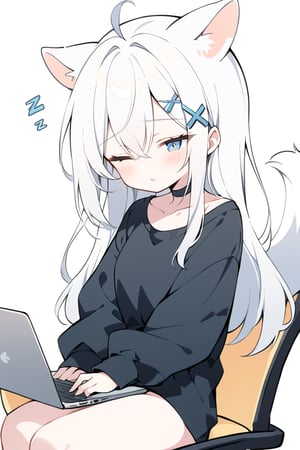 masterpiece, 1girl, stoat girl, solo,  ((white hair)), very long hair, blue eyes, (straight hair), (bangs), animal ears, (stoat ears:1.2),
 Choker, ahoge, fangs, (big stoat Tail:1.2), (blue X hairpin), solo, long hair, blush, bangs, simple background, shirt, white background, hair between eyes, sitting, collarbone, eyes closed, ahoge, white hair, lips parted, off shoulder, chibi, black shirt, chair, sleeping, computer, zzz, sleepy, laptop,flat style