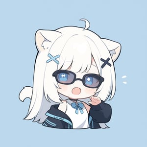 (chibi style), {{{masterpiece}}}, {{{best quality}}}, {{ultra-detailed}}, {beautiful detailed eyes},1girl, solo,  ((white hair)), very long hair, blue eyes, (straight hair), (bangs), animal ears, (stoat ears:1.2), Choker, ahoge, fangs, (big stoat Tail:1.2), (blue X hairpin), (White sleeveless collared dress, (Two-piece dress), (blue chest bow)), (black hooded oversized jacket:1.2), (Off the shoulders), (rapping), (sunglasses), upper body,chibi emote style,chibi,emote, cute,Emote Chibi,anime,cute comic,txznf,flat style