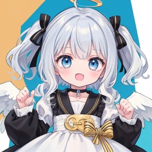 cute, kawaii, chibi, 1girl, angel, ((white hair)), long curly hair, (two side up), blue eyes,  (curly hair:1.2), (wavy hair), (hair curls), (bangs), (two side up), two blue hair ties on head, (Double golden halo on her head), choker, angel wings, ahoge, fang, White dress with blue lace trim, anime style, cute pose,chibi,cuteloli
