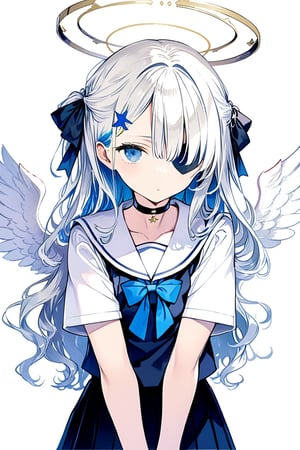 masterpiece, best quality, aesthetic,a mature 1girl, angel, white hair, long curly hair, (two side up), blue eyes, Two blue hair ties on head , (Double golden halo on her head), choker, angel wings,ahoge,hair over one eye,samurai,(vintage jkseifuku:1.4),sakura