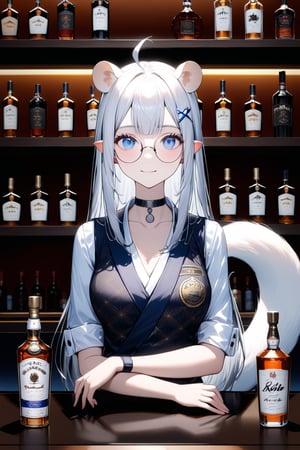 (extremely detailed fine touch:1.3), (from front shoot:1.3), upper body, 1girl, stoat girl, solo,  ((white hair)), very long hair, blue eyes, (straight hair), (bangs), animal ears, (stoat ears:1.2), Choker, ahoge, yaeba, (big white stoat Tail:1.2), (blue X hairpin), solo, alone, 2.5d, light smile, (((silver semi-rimless round eyewear:1.3))), bar, liquor bottle, bartender, Beautiful and detailed blue eyes and face, real skin glitter, pretty girl, bartender vest, rollup sleeve, neatly arranged liquor bottle, luxury label, atmospheric lighting, dark color palette,Japanese pattern